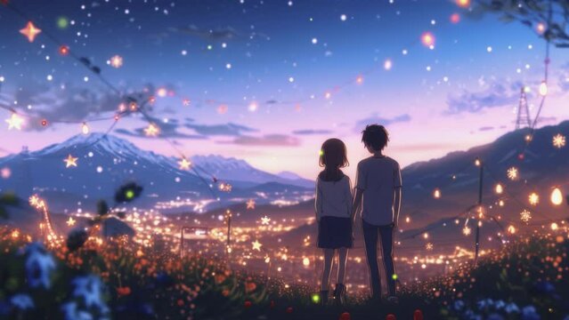 anime couple back view at the countryside and light, seeing the mountain