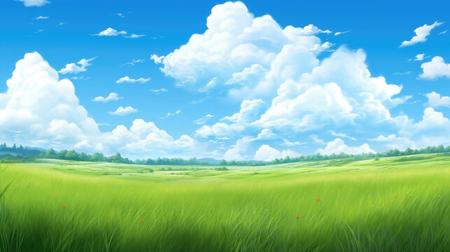 a beautiful anime inspired simple landscape with a big wide grass field, manga artwork