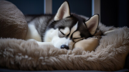 Siberian Husky sleeping on the mattress