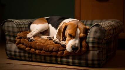Fototapeta premium Beagle sleeping on the mattress