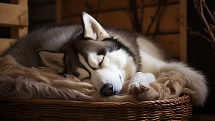 Siberian Husky sleeping on the mattress