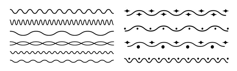 Abstract set of isolated wavy lines and patterns. Flat vector illustration on transpаrent background.	