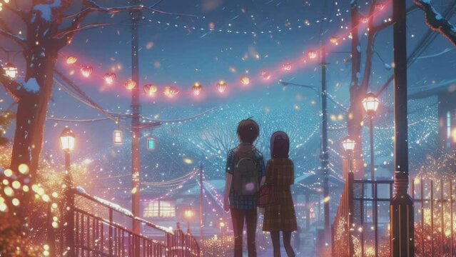 anime couple back view at the countryside and light. 