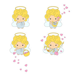 Cartoon angel child with wings and nimbus. Cherub or Cupid set, collection. Vector illustration. Valentines day angels with hearts