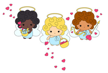 Cartoon angel children with wings and nimbus. Cherub or Cupid set, collection. Vector illustration. Valentines day angels with hearts