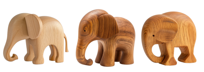 Wooden elephant, toy, set, transparent or isolated on white background