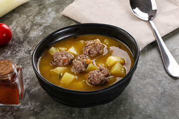 Soup with beef meatball and vegetables
