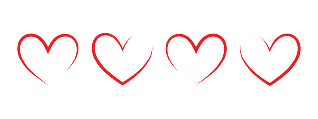 linear heart, set of red hearts, one line art, simple design element for valentine day, vector illustration