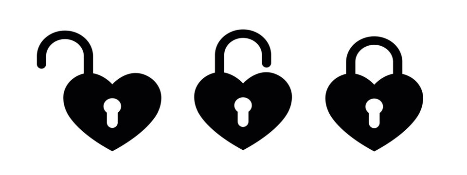 locked and unlocked heart black icon set, valentine day symbol, heart shape lock silhouette, vector illustration