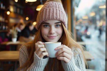 Beautiful young woman with knit hat drinks tea at cafe. 