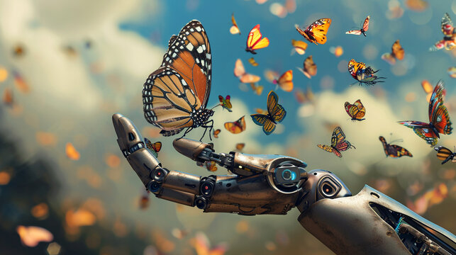 Butterfly on robot hand, technology and nature - Powered by Adobe