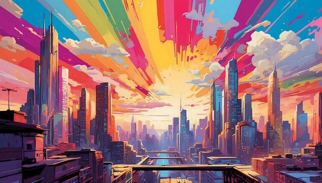 A vibrant comic book-inspired cityscape.