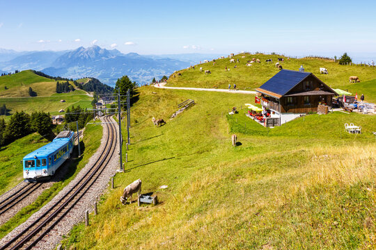 Arth&ndash;Rigi railway line rack railway on Rigi mountain in Swiss Alps in Switzerland