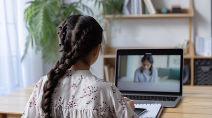 young girl engaged in an online learning session, writing notes while participating in a video call with a teacher on her laptop at a home study setup