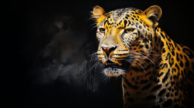 An artwork featuring a leopard against a black background and a yellow and black background