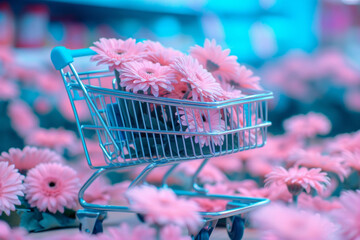 shopping trolley full of pink gerbera daisies, in a flowers field. Surreal floral concept. Generative AI