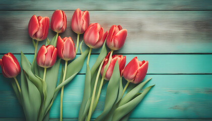 Fresh spring red tulips flowers on turquoise painted wooden planks.