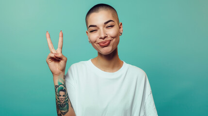 confident young woman with a buzz cut, winking and making a peace sign with her fingers, set against a teal background. - obrazy, fototapety, plakaty