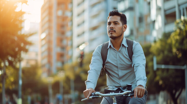 focused man in smart casual attire riding a bicycle on an urban street