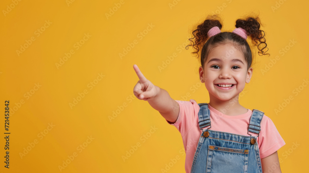 Wall mural young girl with a joyful expression, pointing both of her fingers to her sides against a bright yellow background