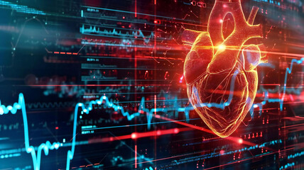Real-time monitoring and management of heart health by AI. Heartbeat line becoming AI code. AI technology for cardiac care - obrazy, fototapety, plakaty
