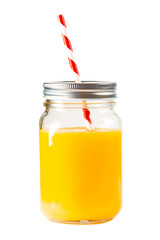 A Glass jar of orange juice with a multi-colored tube. Fresh orange juice