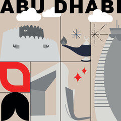 Typography word Abu Dhabi branding technology concept. Collection of flat vector web icons. Arabian culture travel set, architectures, specialties detailed silhouette. Doodle famous landmarks.