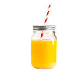 A Glass jar of orange juice with a multi-colored tube. Fresh orange juice