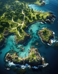 A stunning top view aerial shot of a lush green island surrounded by clear blue waters