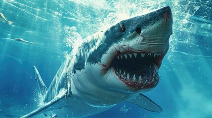 A chilling image portrays a shark, its gaping maw revealing rows of sharp teeth, as it hunts in the ocean's murky depths.