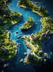 A stunning top view aerial shot of a lush green island surrounded by clear blue waters