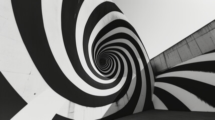 Zebra Stripe Swirl in Abstract Corridor.
Abstract perspective of a corridor with walls adorned in a swirling zebra stripe pattern.