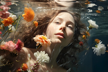 woman underwater with flower