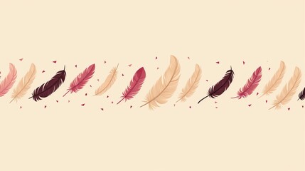 Small feathers that are dark pink and have a border on a beige background. - obrazy, fototapety, plakaty