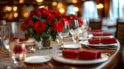 Elegant Valentine's Day Dinner for Two: Romantic Candlelit Evening with Roses, Wine, and Sweet Delicacies - Ai Generated