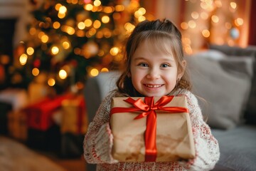 Fototapeta na wymiar Christmas, holiday and young girl with gift, happy and thank you for present, celebration at family home. 