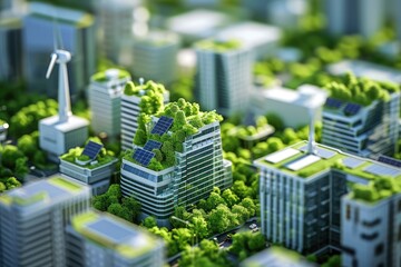 Cityscape includes sustainable buildings with solar panels, wind turbines and green roofs. 