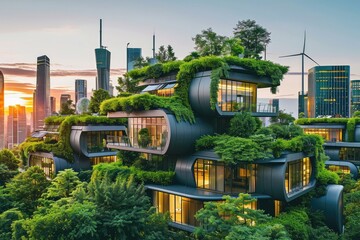 Cityscape includes sustainable buildings with solar panels, wind turbines and green roofs.  - obrazy, fototapety, plakaty