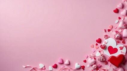 Valentine's Day. presents, heart felt and decor on pink background