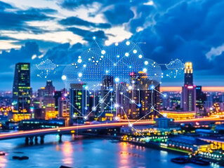 Urban skyline with digital networking, futuristic cityscape with connectivity and technology, abstract internet and business concept at sunset