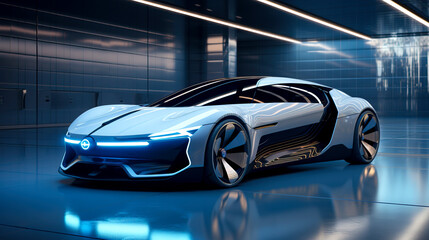 Futuristic Silver Concept Sports Car in Urban Landscape created with Generative AI technology