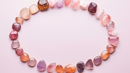 The frame is composed of a wave of semi-precious minerals and healing crystals set against a pink background.