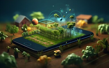 3d illustration mockup landscaping garden with modern technology agriculture on mobile phone