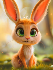 A curious domestic rabbit with large, expressive eyes frolics in a grassy outdoor setting, exuding a sense of innocence and playfulness