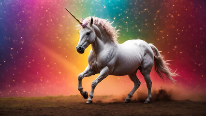 A unicorn's grace in a vibrant rainbow backdrop.