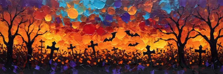 Mystical Halloween Sunset Fiery Forest with Bats, graveyard, banner, panorama