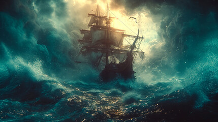Fototapeta premium Epic Sea Battle with Mythical Kraken created with Generative AI technology