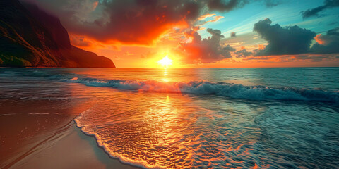 Fiery Sunset Over Pristine Beach Paradise created with Generative AI technology