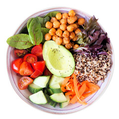 Healthy homemade salad bowl with avocado, chickpeas, quinoa and vegetables. Top down view isolated on a transparent background.