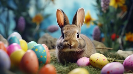 Fototapeta na wymiar Joyful easter bunny organizing easter eggs during happy easter